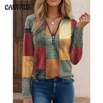 Autumn Women s Pullover Blouse Fashion Casual Loose Printed V-Neck Zip Long Sleeve Top