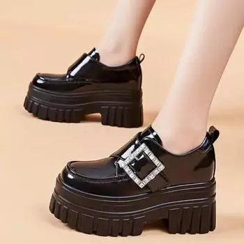 Autumn Women s Shoes 2024 New Casual Height-enhancing Sports Shoes Fashion Rhinestone Buckle Design Women s Thick-soled Loafers 34 чёрный