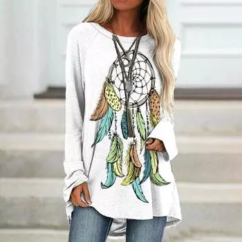 Осенняя женская футболка с цифровой печатью 3D с длинным рукавом, модное свободное платье с неровным подолом и круглым вырезом, женская рубашка в стиле Харадзюку S