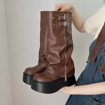 Осенние женские брюки сапоги новые круглые носки панк платформа женские мотоциклетные рыцарские сапоги для отдыха на природе женская обувь на платформе 35 чёрный
