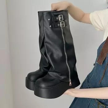Autumn Women s Trouser Boots New Round Toe Punk Platform Women s Motorcycle Knight Boots Outdoor Outdoor Women Platform Shoes 35 чёрный