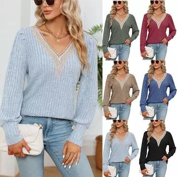 Autumn Women s V-neck Pullovers Lace Loose Pit Stripe Brushed Loose Long Sleeved T-shirt S чёрный