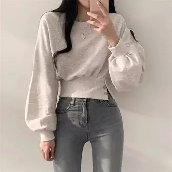 Autumn Women Solid O Neck Crop Lantern Sleeve Button Sweat Casual Hip Hop Pullover Sweet Chic Street Wear XL серый