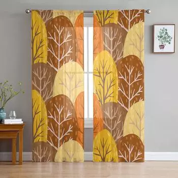 Autumn Woods Yellow Tulle Sheer Window Curtains for Living Room Kitchen Children Bedroom Voile Hanging Curtain W135 x H114cm