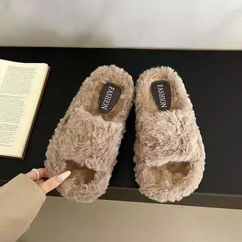 Autumn wool slippers women s daily adult slippers Korean version student flat heel beach shoes outer slippers 40