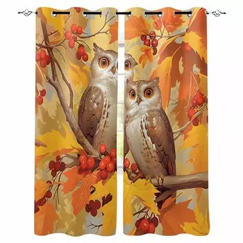 Autumn Yellow Maple Leaf Owl Branches Blackout Curtains For Living Room Bedroom Window Treatment Blinds Drapes Kitchen Curtains W135 x H60cm