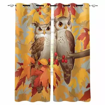 Autumn Yellow Maple Leaves Two Owls Branches Blackout Curtains For Living Room Bedroom Window Treatment Blinds Kitchen Drapes W135 x H60cm