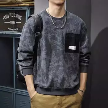 Autumn Zipper Pocket Long Sleeve Sweater Men S American Retro Printing And Dyeing Top Loose Large Size Casual Jacket Tide M серый