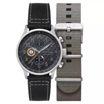 AVI-8 Hawker Hurricane Classic Chronograph Carbon Fiber Black Dial Quartz AV-4011-0W Мужские часы с дополнительным ремешком чёрный