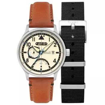 AVI-8 Hawker Hurricane Mckellar Dual Time коричневый бежевый кожаный ремешок кремовый циферблат AV-4101-0C кварцевые мужские часы с дополнительным ремешком кремовый