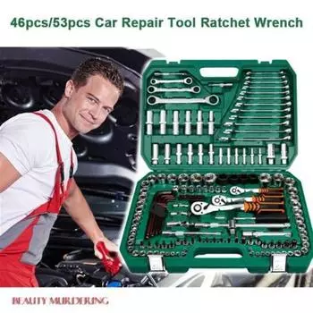 АВТО ящик для инструментов, бытовой комплект для ремонта автомобиля, гаечный ключ, отвертка, ручные инструменты, чехол для хранения 53 Pcs(24 teeth) зелёный