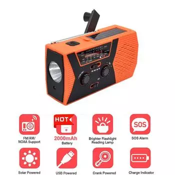 Аварийное радио, портативное ручное радио на солнечных батареях, AM/FM/WB метеорологическое радио, светодиодный фонарик, зарядное устройство для телефона на 2000 мАч чёрный