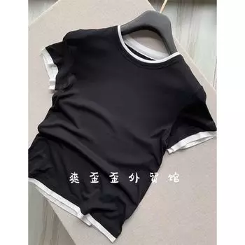 Awesome X Goods Burst! The Fabric of Row Is Awesome, It Comes with Cool Cotton! Fake Two Pieces Short Sleeve T-shirt for Women Black S
