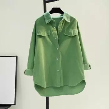 Авокадово-зеленая вельветовая рубашка средней длины, женская весенняя утолщенная куртка с двумя карманами, кардиган S белый