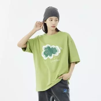 Авокадово-зеленая женская футболка с милым принтом облаков и овец, летняя свободная футболка с круглым вырезом, короткий рукав, универсальный топ для девочек M зелёный