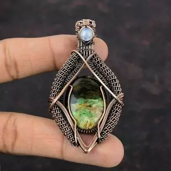 Австралийский хромированный кулон с халцедоном, кулон с радужным лунным камнем, медная проволока, кулон, ювелирные изделия из драгоценных камней, кулон ручной работы, медные ювелирные изделия