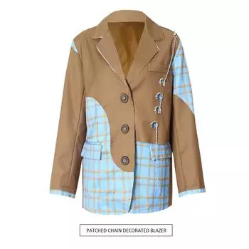 Австралийский модный пиджак с лацканами 2025: Модный акцент в виде цепочки, контрастная строчка, универсальный костюм с длинными рукавами Small