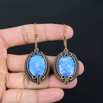 Австралийский опал, драгоценный камень, серьги ручной работы из чистой медной проволоки, ювелирные изделия на День памяти 2.56 Inches синий