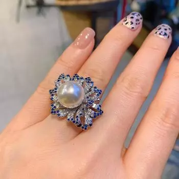 Австралийский рябчик жемчуг сапфир бриллиант, стильное кольцо, регулируемое кольцо