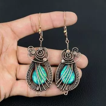 Австралийский тройной опал, драгоценный камень, серьги ручной работы из чистой медной проволоки, ювелирные изделия 2.36 Inches зелёный