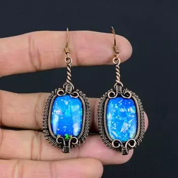 Австралийский тройной опал, драгоценный камень, серьги ручной работы из чистой медной проволоки, ювелирные изделия 3.35 Inches синий