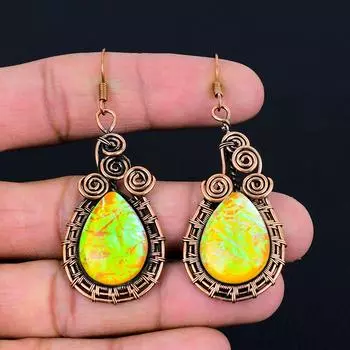 Австралийский тройной опал, драгоценный камень, серьги ручной работы из чистой медной проволоки, ювелирные изделия 2.56 Inches жёлтый