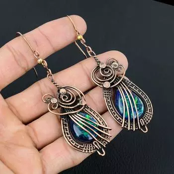 Австралийский тройной опал, драгоценный камень, ювелирные изделия ручной работы, серьги из чистой медной проволоки для женщин 3.36 Inches зелёный