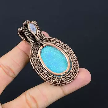 Австралийский тройной опал и лунный камень, драгоценные камни, ювелирные изделия ручной работы, подвеска из чистой медной проволоки для женщин 2.56 Inches синий