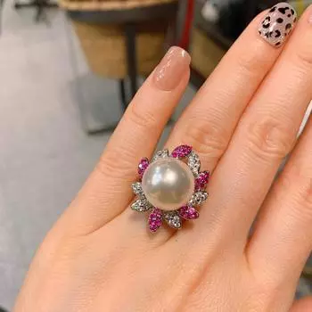 Австралийский жемчуг Fritillary, слегка украшенный красными бриллиантами, модное кольцо, регулируемое кольцо
