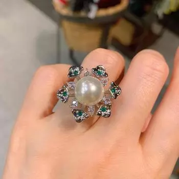 Австралийский жемчуг Fritillary, слегка украшенный зелеными бриллиантами, модное кольцо, регулируемое кольцо