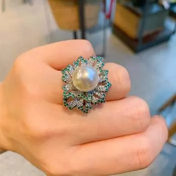 Австралийский жемчуг Fritillary, слегка украшенный зелеными бриллиантами, модное кольцо, регулируемое кольцо