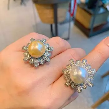 Австралийский жемчуг Fritillary, слегка украшенный желтыми бриллиантами, модное кольцо, регулируемое кольцо