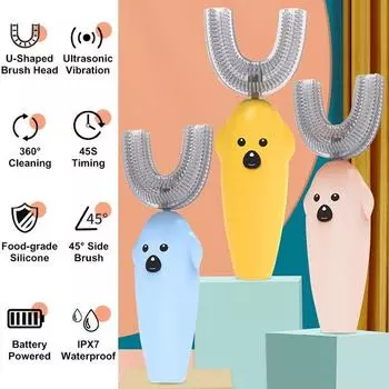 Автоматическая чистка зубов на 360 ° U-образная электрическая зубная щетка Интеллектуальная ультразвуковая зубная щетка 5 режимов USB-зарядка для детей 2-12 лет розовый