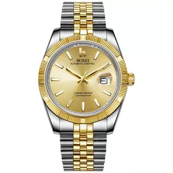 Автоматические часы, механические, водонепроницаемые, стильные, аналоговые, популярные, деловые, с датой, наручные часы, простые, повседневные, золотые, серебряные, светящиеся часы [BUREI] мужские