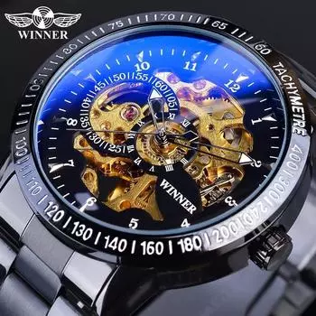 Часы Winner Glass Skeleton Dial Automatic Watch с черным светящимся водонепроницаемым механизмом из нержавеющей стали чёрный