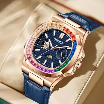 Автоматические механические часы для мужчин, деловые, полые, мужские, часы с фазами Луны, водонепроницаемые, кожаные, мужские часы, цветной бриллиантовый ободок ярко-розовый/синий