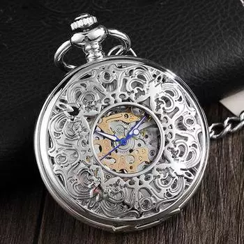 Автоматические механические карманные часы с откидной крышкой, трендовая мода, классика, серебряный римский шрифт, ретро, подвесная цепочка, полые механические часы