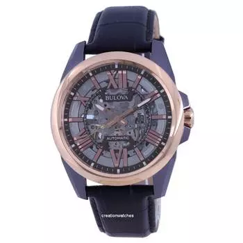 Автоматические мужские часы Bulova Classic Skeleton с серебряным циферблатом и кожаным ремешком 98A165 100M