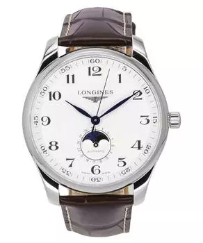 Автоматические мужские часы Longines Master Collection Moon Phase с кожаным ремешком и серебряным циферблатом L2.919.4.78.3