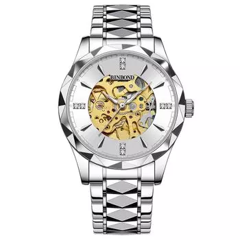 Автоматические скелетонированные 3ATM водонепроницаемые светящиеся аналоговые часы из нержавеющей стали простые стильные повседневные деловые модные аксессуары на день рождения юбилей Рождество серебряный