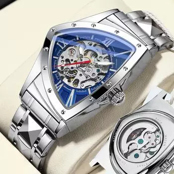 Автоматические треугольные механические часы для мужчин, уникальный дизайн в стиле панк, нержавеющая сталь, светящиеся водонепроницаемые наручные часы для мужчин зелёный