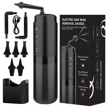 Автоматический электрический очиститель ушей с 2 насадками, 3 режимами давления, перезаряжаемый, моющийся, безболезненный инструмент для чистки чёрный