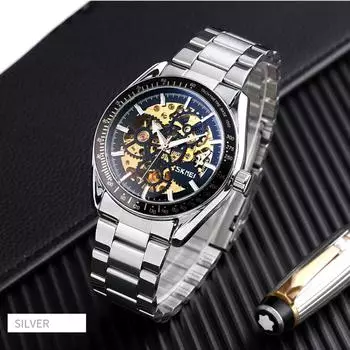 Автоматический механизм механические часы для мужчин модные повседневные скелетонированные полые светящиеся водонепроницаемые часы серебряный