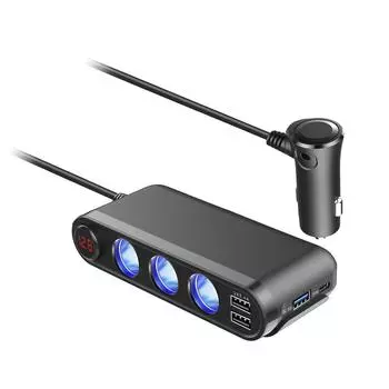 Автоматический разветвитель прикуривателя, 3 розетки, автоматический адаптер прикуривателя 200 Вт с автомобильным зарядным устройством USB C PD3.0 20 Вт, розетка переключателя вольтметра QC3.0 18 Вт 12 В/24 В 13.8x6.6x3 чёрный