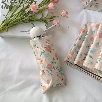 Автоматический ручной зонт от солнца для использования как в солнечную, так и в дождливую погоду. Маленький зонт с цветочным узором черного цвета, компактный и портативный.