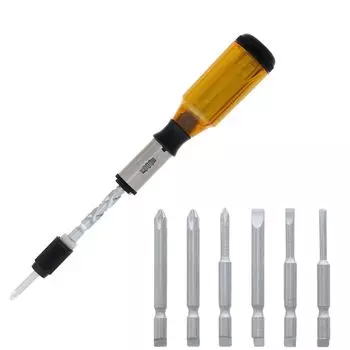 Автоматический шуруповерт Takagi TAKAGI с 6 битами для затягивания и ослабления, сверления направляющих отверстий по очереди, что облегчает непрерывную работу. Биты хранятся внутри.