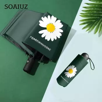 Автоматический складной зонт для женщин, черная краска, ромашка, ультрафиолетовый зонт темно-зеленого