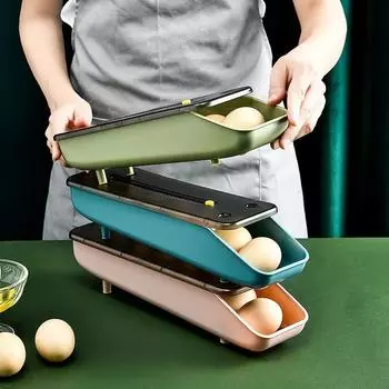Автоматический вращающийся ящик для хранения яиц Пластиковый контейнер для хранения Кухонный холодильник Организация яиц Подставка для холодильников Лоток для хранения синий