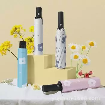 Автоматический женский зонт-цветок двойного назначения: Защита от ветра/дождя и УФ-излучения с тройным складыванием на черном клее.