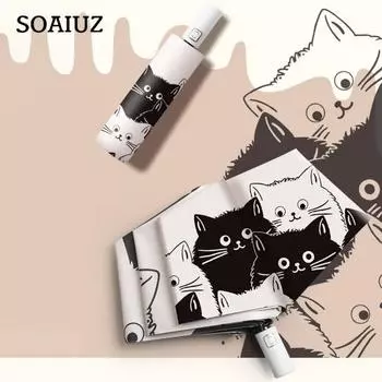 Автоматический зонт с эргономичной ручкой, складной легкий, маленький компактный зонт в мультяшном стиле с защитой от ультрафиолета для ежедневного использования черный белый